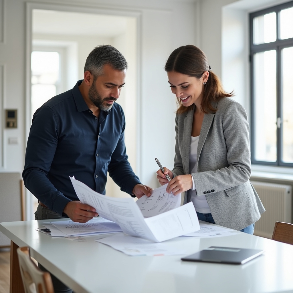 Zwei Gründer besprechen Finanzzahlen an einem hellen Arbeitsplatz