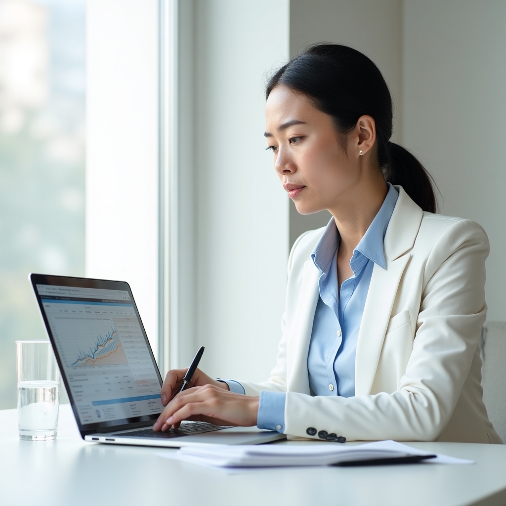Gründerin arbeitet konzentriert an ihrer Liquiditätsplanung auf dem Laptop