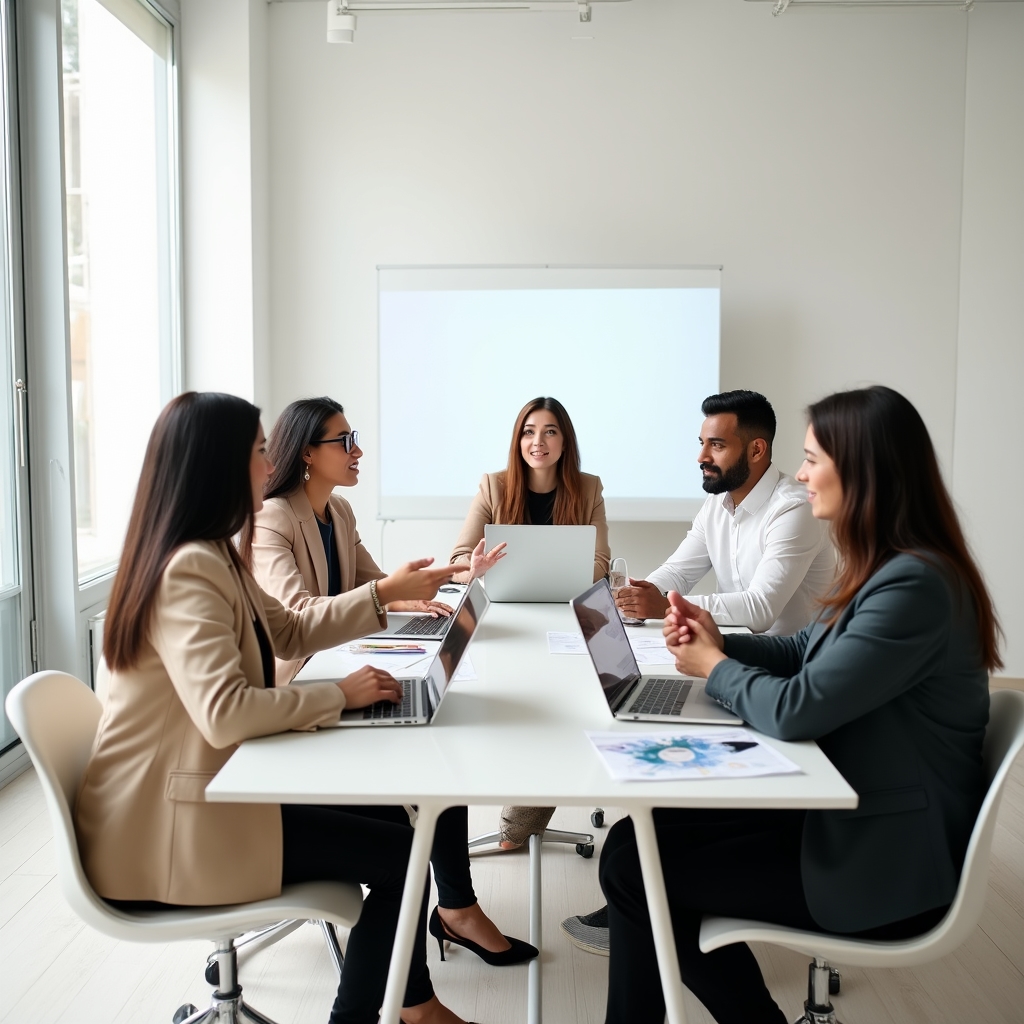 Kleine Gruppe von Gründern diskutiert gemeinsam Finanzszenarien