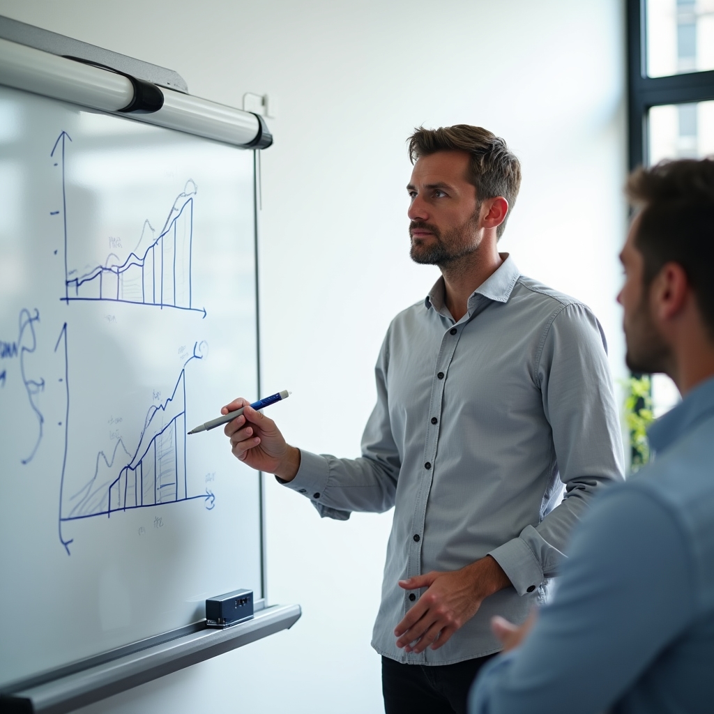 Workshop-Leiter erklärt Liquiditätskonzepte an einem hellen Seminarraum