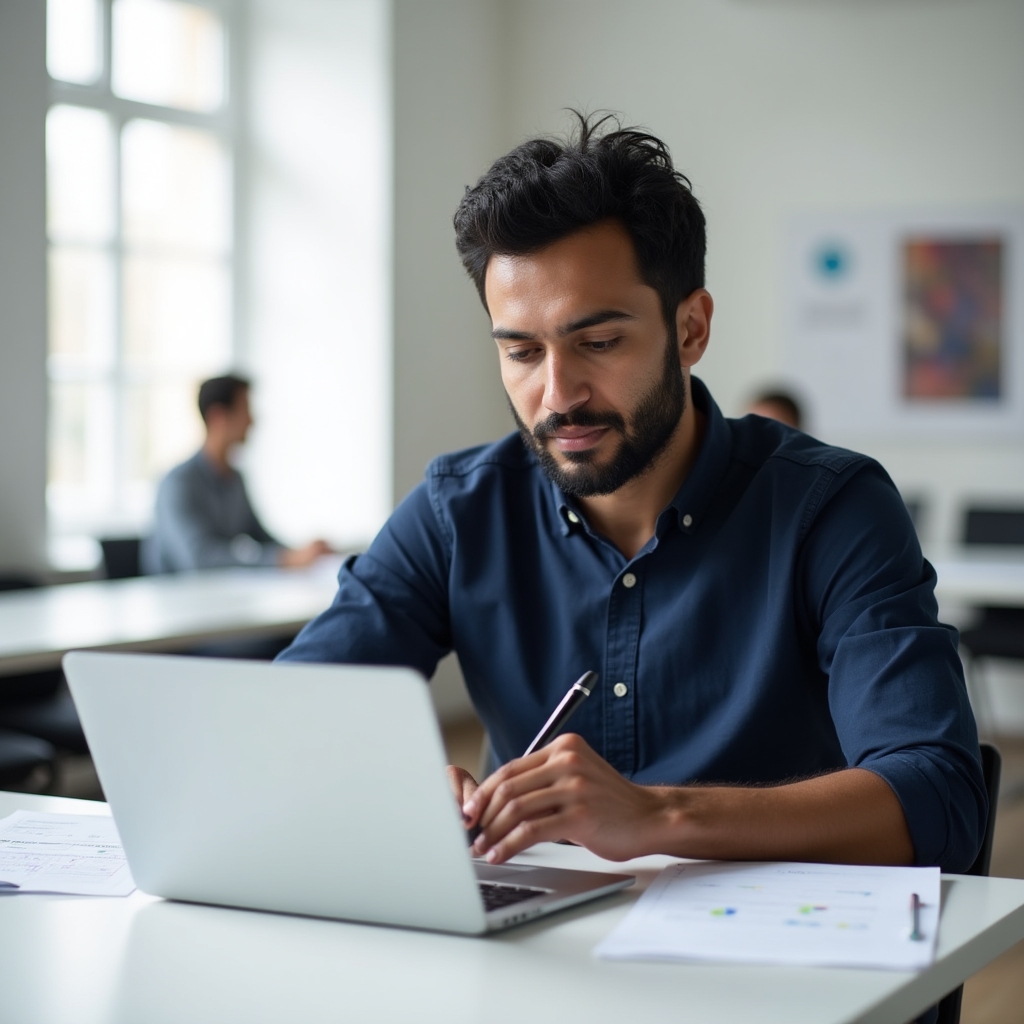 Gründer arbeitet konzentriert am Laptop an seinem Liquiditätsplan